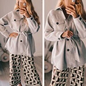 Zara Soft Belted Overshirt Shacket Light Grey Small